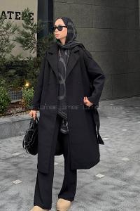 Lamelif Kemerli Kaşe Kaban Siyah