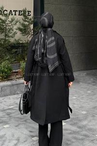 Lamelif Kemerli Kaşe Kaban Siyah