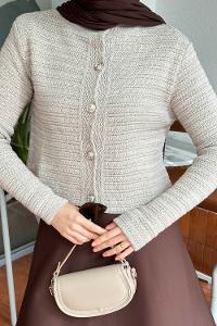 Lamelif Links Desenli Crop Hırka Taş Rengi