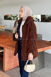 Lamelif Biye Detaylı Tedy Peluş Mont Acı Kahve