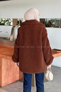 Lamelif Biye Detaylı Tedy Peluş Mont Acı Kahve