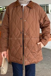 Lamelif Kadife Yaka Detaylı Kapitone Mont Kahverengi