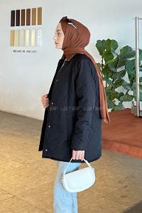 Lamelif Kadife Yaka Detaylı Kapitone Mont Siyah