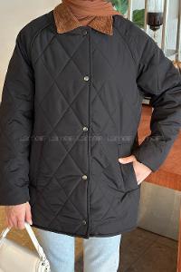 Lamelif Kadife Yaka Detaylı Kapitone Mont Siyah