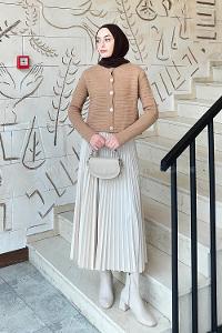 Lamelif Links Desenli Crop Hırka Camel