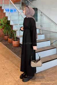 Lamelif Etek Ucu Armalı Kuşaklı Elbise Siyah