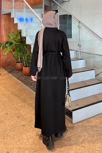 Lamelif Etek Ucu Armalı Kuşaklı Elbise Siyah