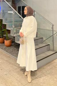 Lamelif Cep Detaylı İkili Etek  Tesettür Takım Beyaz