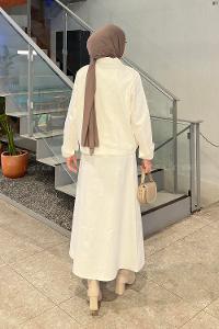 Lamelif Cep Detaylı İkili Etek  Tesettür Takım Beyaz