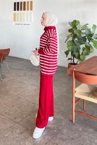 Red Zippered Neck Long Arm Without Accessories Regular Trousers Suit