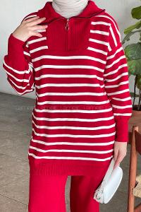 Red Zippered Neck Long Arm Without Accessories Regular Trousers Suit