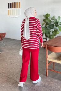 Red Zippered Neck Long Arm Without Accessories Regular Trousers Suit