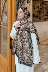 Lamelif Leopar Desen Pamuk Şal Siyah Bej