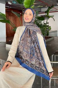 Lamelif Retro Desen Pamuk Şal İndigo Bej