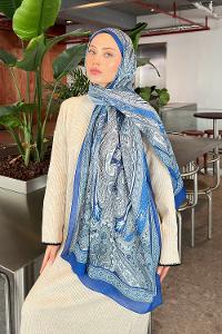 Lamelif Retro Desen Pamuk Şal Mavi