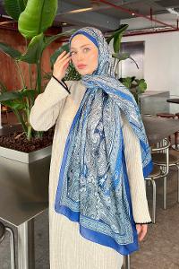 Lamelif Retro Desen Pamuk Şal Mavi