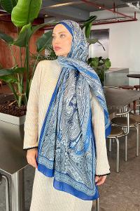 Lamelif Retro Desen Pamuk Şal Mavi