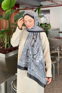 Lamelif Retro Desen Pamuk Şal Siyah beyaz