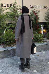 Lamelif Tek Düğmeli Kaşe Kaban Füme