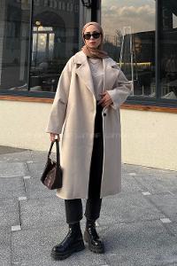 Cream V Neck Long Arm Stamp Fabric Coat