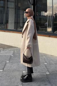 Cream V Neck Long Arm Stamp Fabric Coat