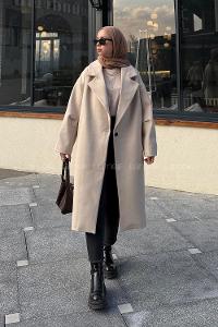 Cream V Neck Long Arm Stamp Fabric Coat