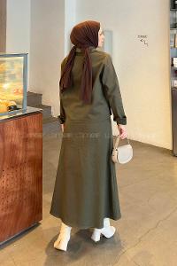 Lamelif Cep Detaylı İkili Etek  Tesettür Takım Koyu Yeşil