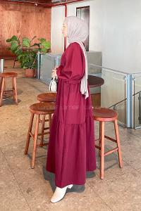 Claret Red Crew Neck Cotton Printed Dresess