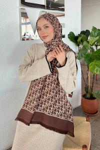 Lamelif Dior Desen Kaşmir Çift Taraflı Şal Acı Kahve Bej