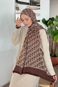 Lamelif Dior Desen Kaşmir Çift Taraflı Şal Acı Kahve Bej