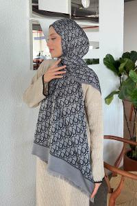 Lamelif Dior Desen Kaşmir Çift Taraflı Şal Antrasit Gri