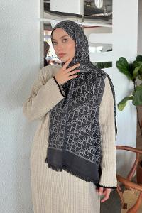 Lamelif Dior Desen Kaşmir Çift Taraflı Şal Siyah Gri