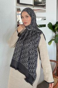 Lamelif Dior Desen Kaşmir Çift Taraflı Şal Siyah Gri