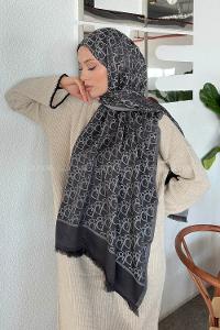 Lamelif Dior Desen Kaşmir Çift Taraflı Şal Siyah Gri