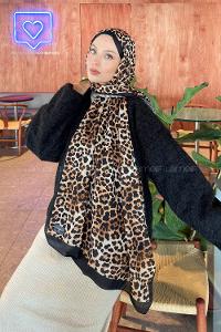 Lamelif Leopar Desen Pamuk Şal Siyah Bej