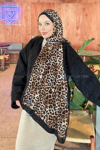 Lamelif Leopar Desen Pamuk Şal Siyah Bej