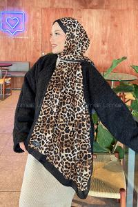 Lamelif Leopar Desen Pamuk Şal Siyah Bej