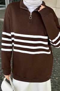 Lamelif Yarım Fermuarlı Sweatshirt Tunik Acı Kahve