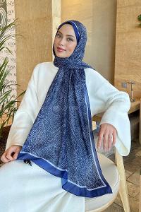 Lamelif Retro Desen Pamuk Şal Lacivert