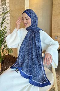 Lamelif Retro Desen Pamuk Şal Lacivert