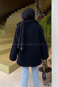 Lamelif Biye Detaylı Tedy Peluş Mont Siyah