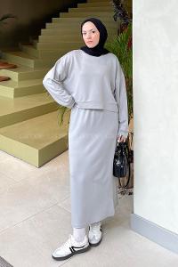 Lamelif Kısa Sweat Etekli Tesettür Takım Gri