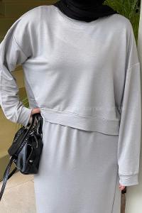 Lamelif Kısa Sweat Etekli Tesettür Takım Gri