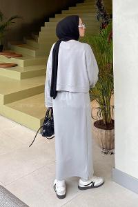 Lamelif Kısa Sweat Etekli Tesettür Takım Gri