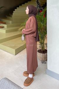 Brown Crew Neck Long Arm Poplin Fabric Straight Skirt Suit