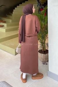 Brown Crew Neck Long Arm Poplin Fabric Straight Skirt Suit