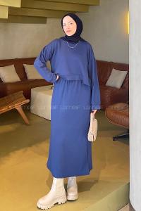 Navy Blue Crew Neck Long Arm Poplin Fabric Straight Skirt Suit