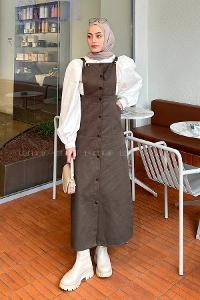 Lamelif Önü Boydan Düğmeli Salopet Koyu Yeşil