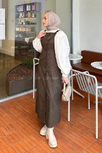 Lamelif Önü Boydan Düğmeli Salopet Koyu Yeşil