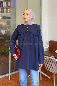 Omuz ve Göğüs Kısmı Fırfırlı Yarım Düğmeli Şık Tunik Lacivert